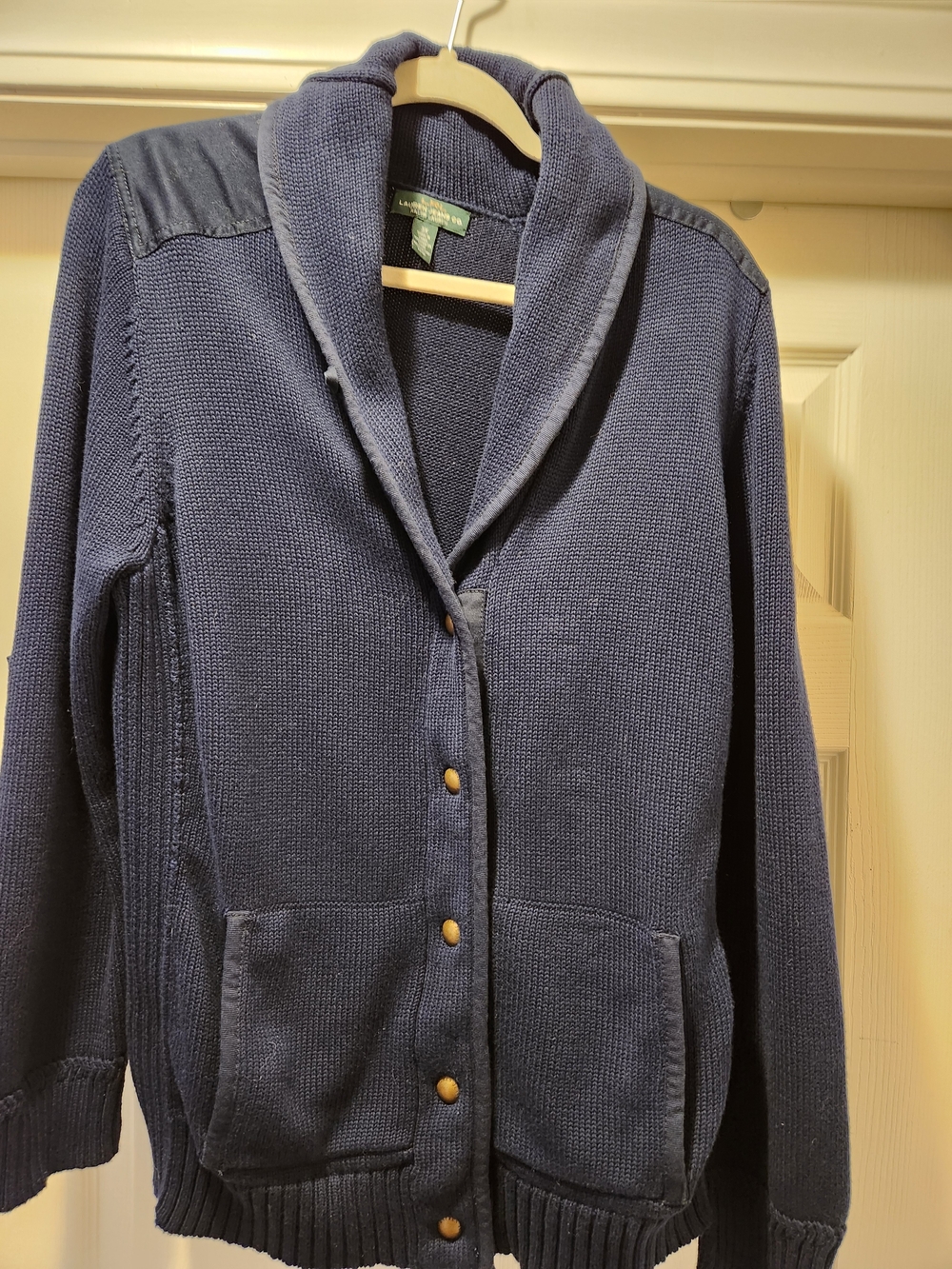 Lauren Ralph Lauren Cotten Navy Shawl Collar Knit Cardigan with Gold Buttons